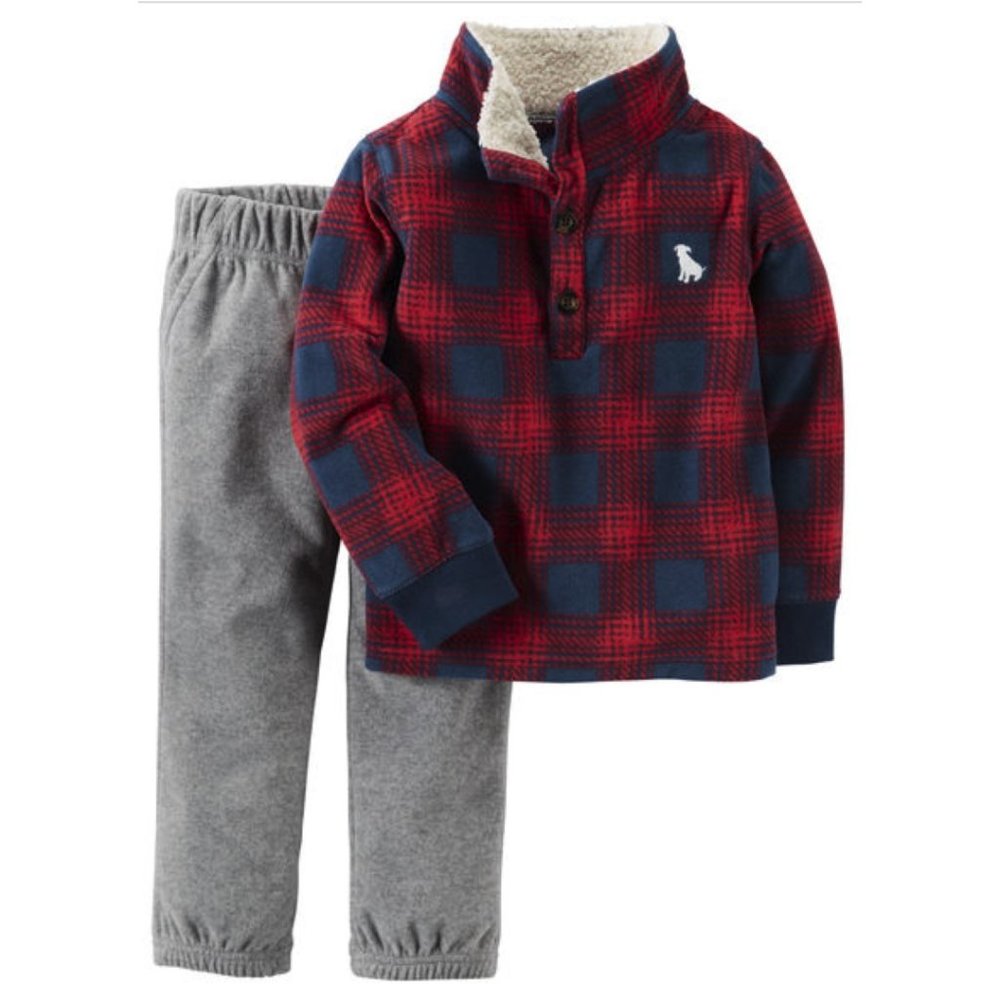 Carter's Red Plaid Sherpa Pullover & Gray Pants